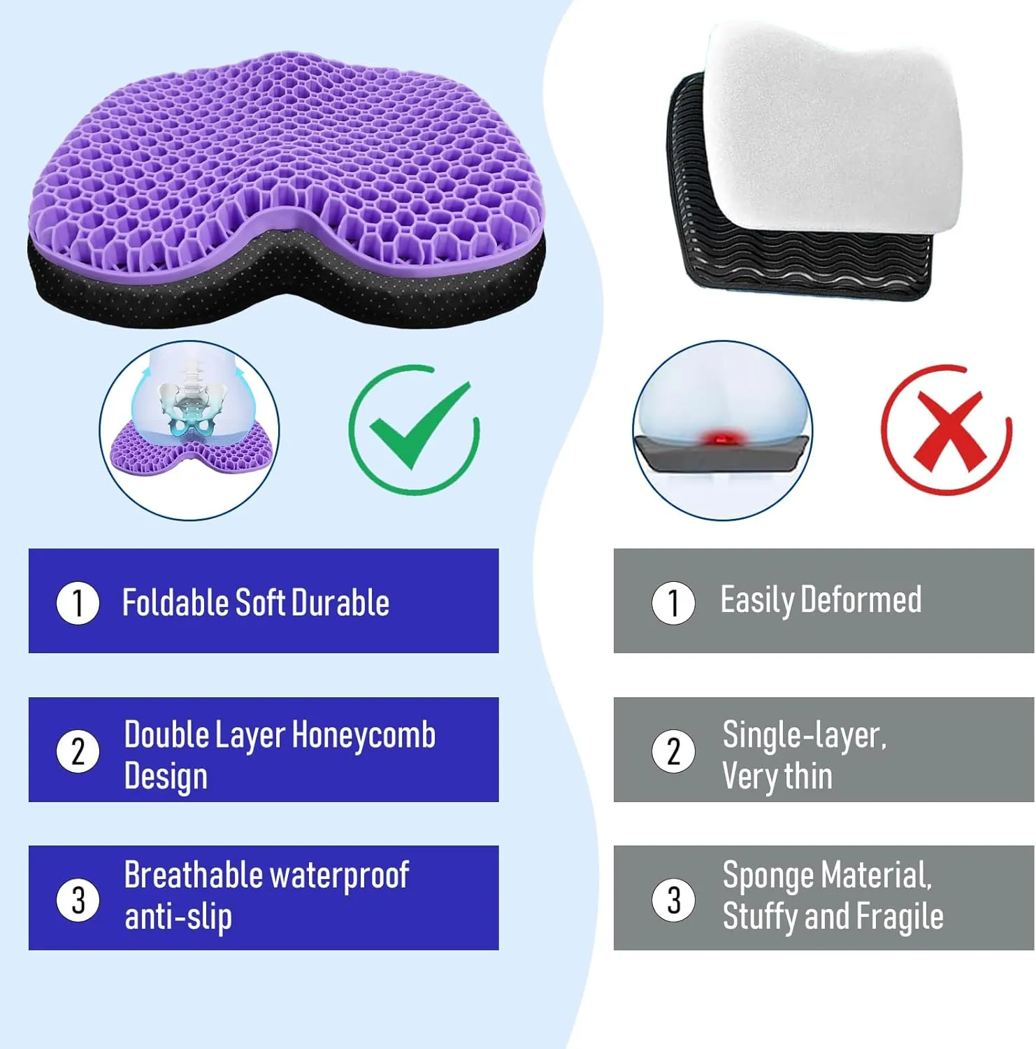 Kayak Seat Cushion, Thicken Anti Slip Waterproof Gel Kayak Seat, Portable Canoe Rowing Rubber Dinghy Pad for Stadium Sit in Kayak Inflatable Fishing Kayak Canoe Kayak Accessories