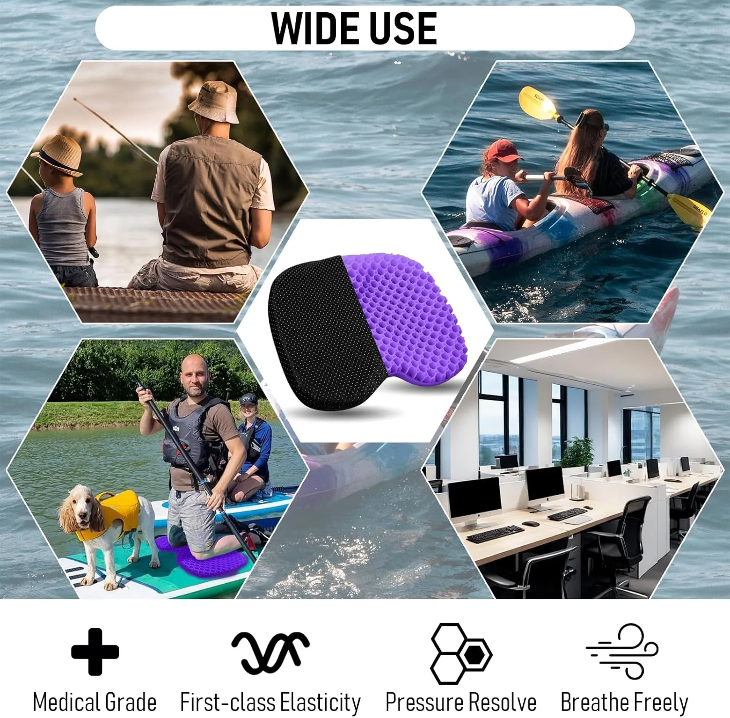 Kayak Seat Cushion, Thicken Anti Slip Waterproof Gel Kayak Seat, Portable Canoe Rowing Rubber Dinghy Pad for Stadium Sit in Kayak Inflatable Fishing Kayak Canoe Kayak Accessories