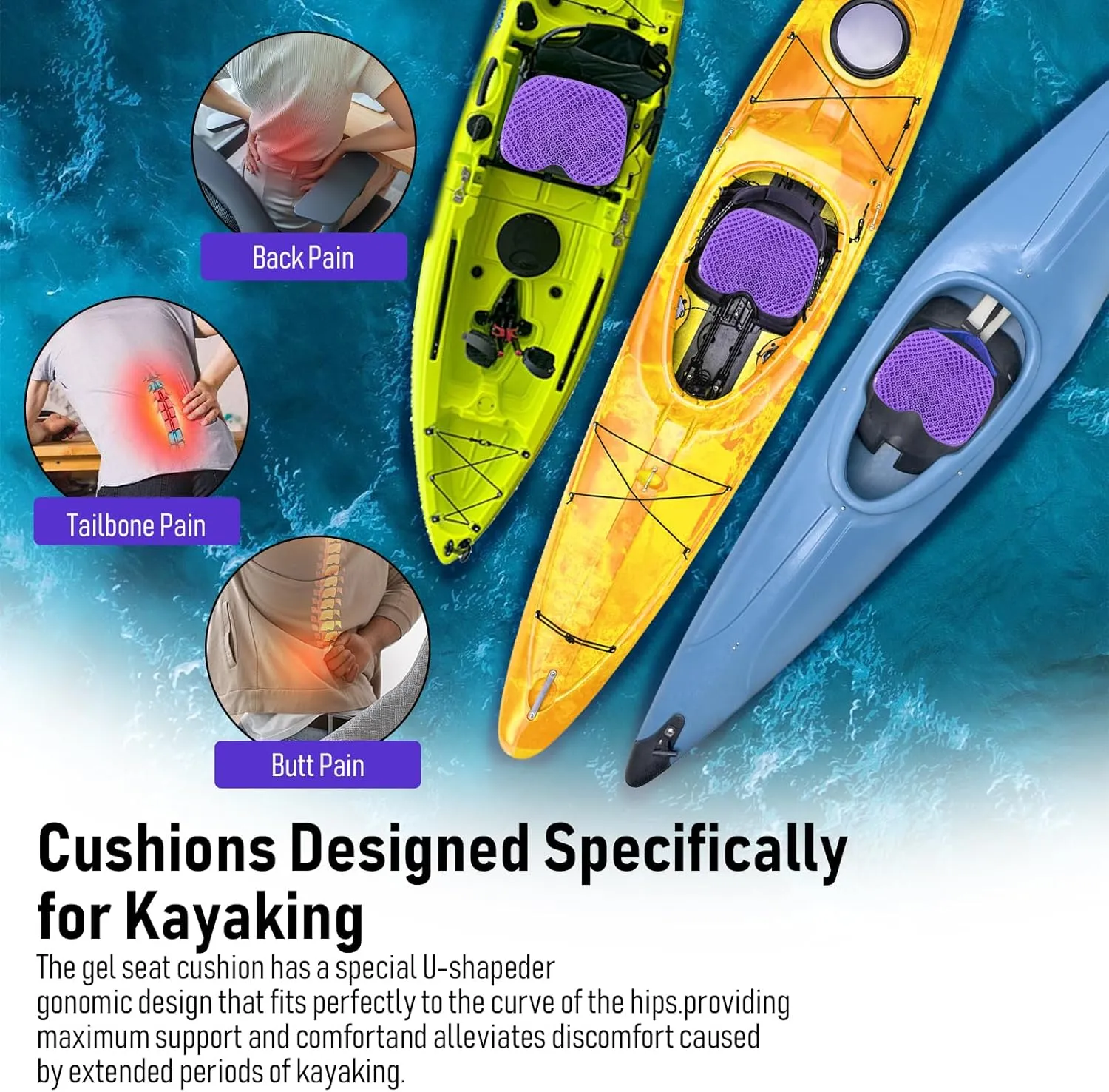 Kayak Seat Cushion, Thicken Anti Slip Waterproof Gel Kayak Seat, Portable Canoe Rowing Rubber Dinghy Pad for Stadium Sit in Kayak Inflatable Fishing Kayak Canoe Kayak Accessories