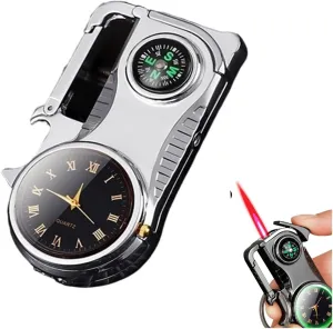 Keychain Compass Lighter, Butane Adjustable Flame Lighters with Clock Dial and Bottle Opener, 4 in 1 Multifunctional Torch Lighter, for Emergency Survival Gear Camping Outdoor (Color : Silver)