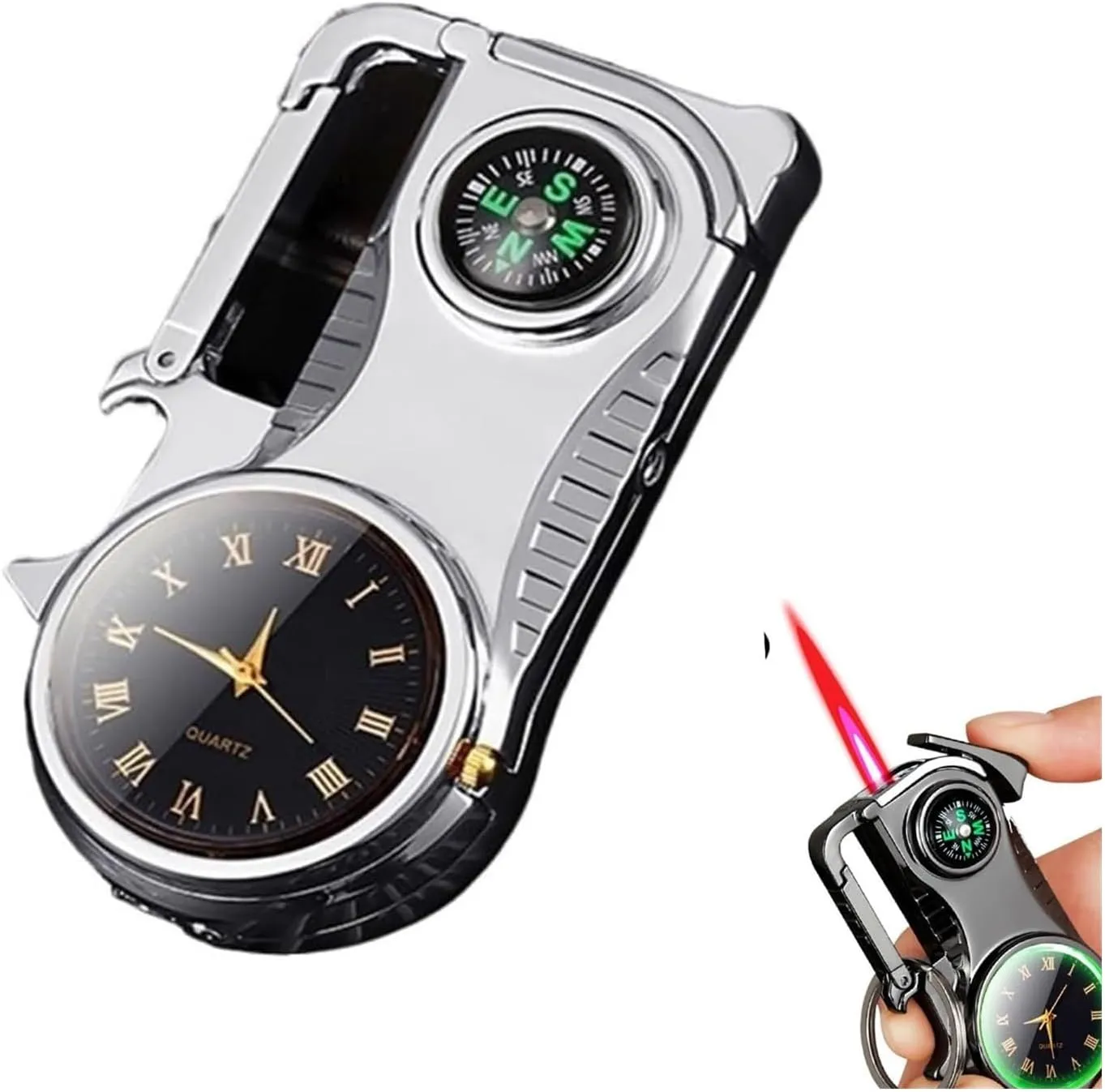 Keychain Compass Lighter, Butane Adjustable Flame Lighters with Clock Dial and Bottle Opener, 4 in 1 Multifunctional Torch Lighter, for Emergency Survival Gear Camping Outdoor (Color : Silver)