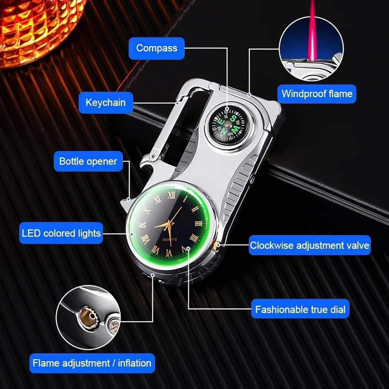 Keychain Compass Lighter, Butane Adjustable Flame Lighters with Clock Dial and Bottle Opener, 4 in 1 Multifunctional Torch Lighter, for Emergency Survival Gear Camping Outdoor (Color : Silver)
