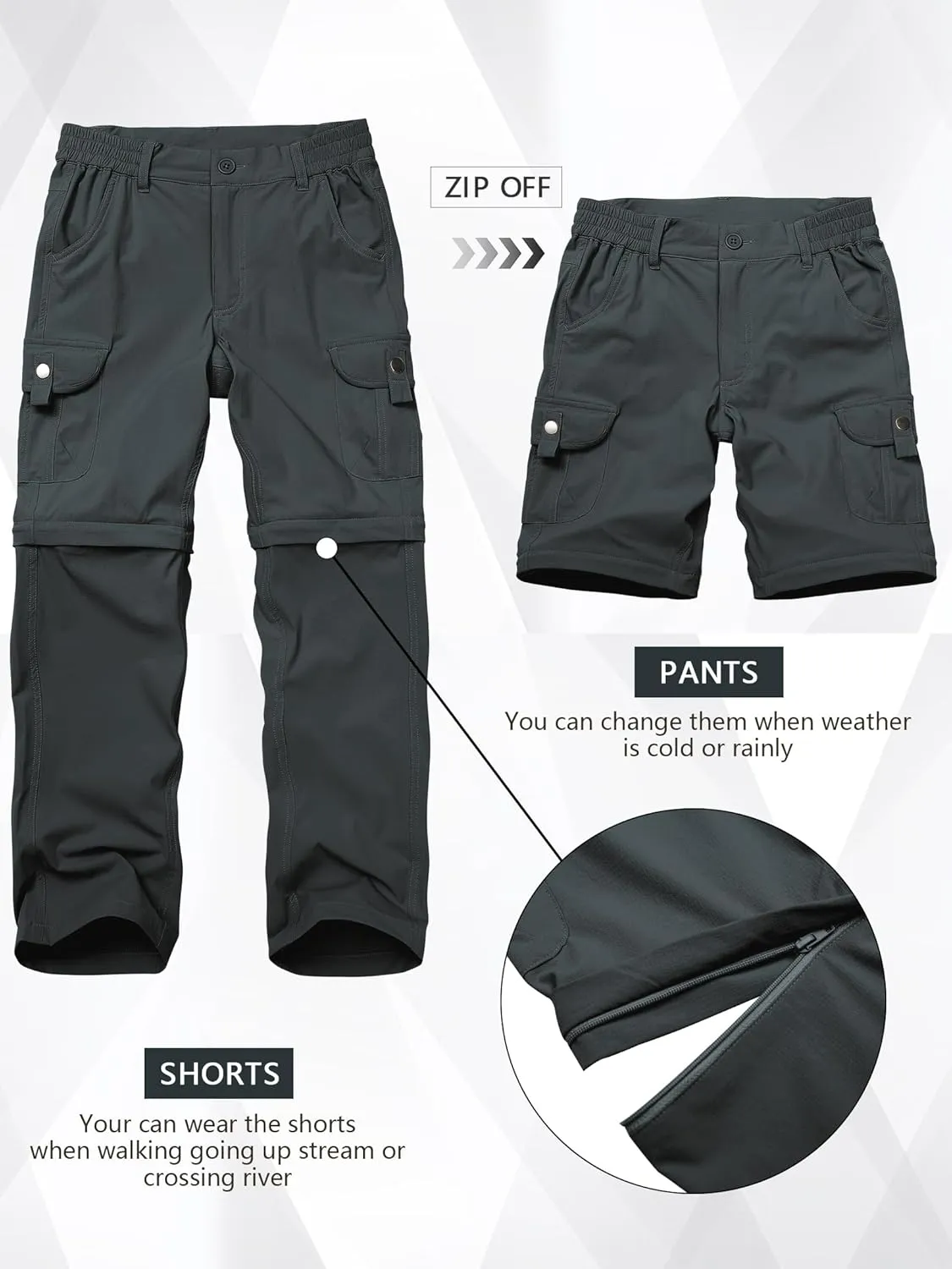 Kids' Cargo Pants, Boys Convertible Hiking Pants, Boy Zip Off Outdoor Casual Pants Quick Dry Climbing Trousers for Youth