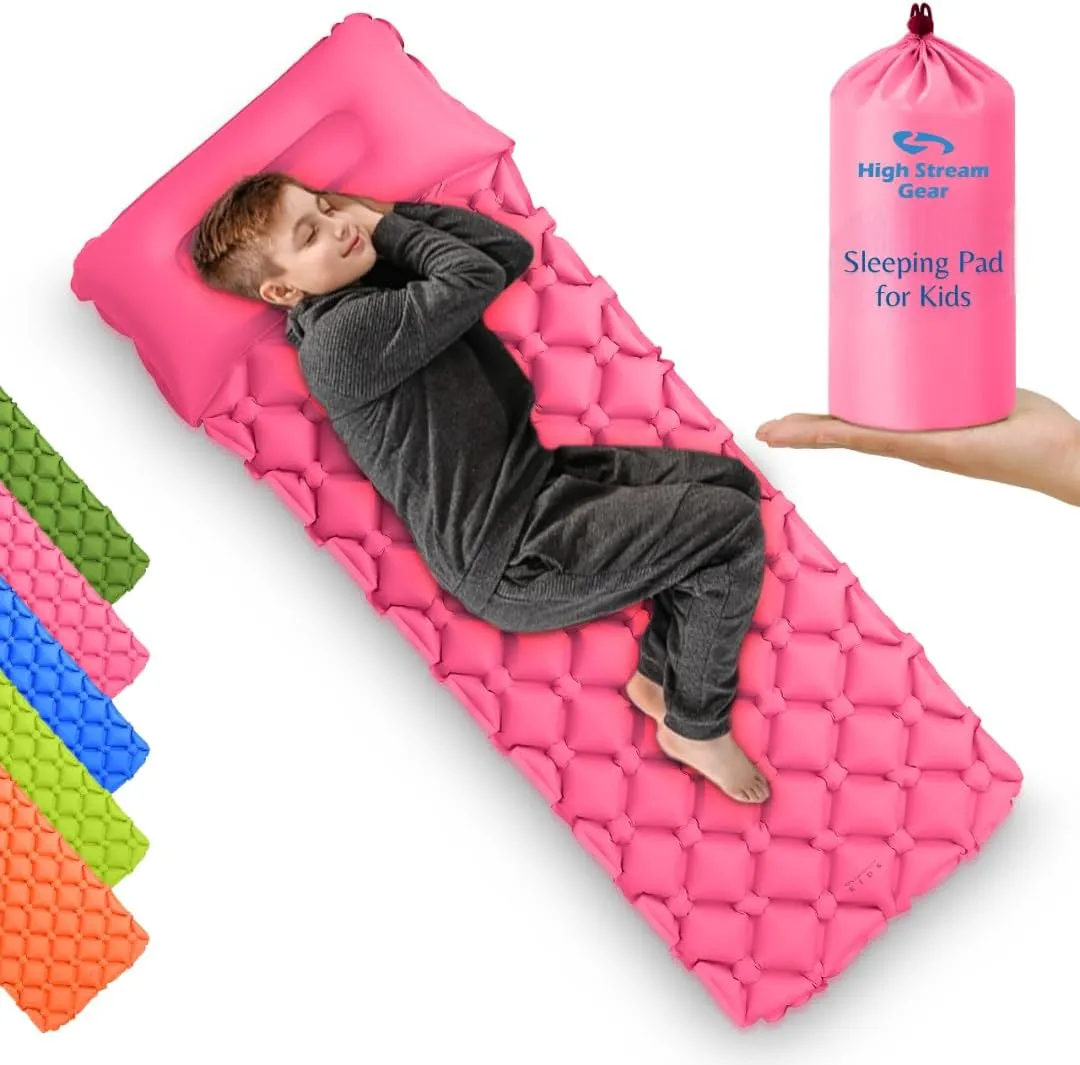 Kids Sleeping Pad for Camping and Sleepovers with Pillow, Inflatable Camping Mattress for Backpacking & Travel, Thick Toddler Cot Mat, Fast Inflating Camping Sleeping Pads for Kids