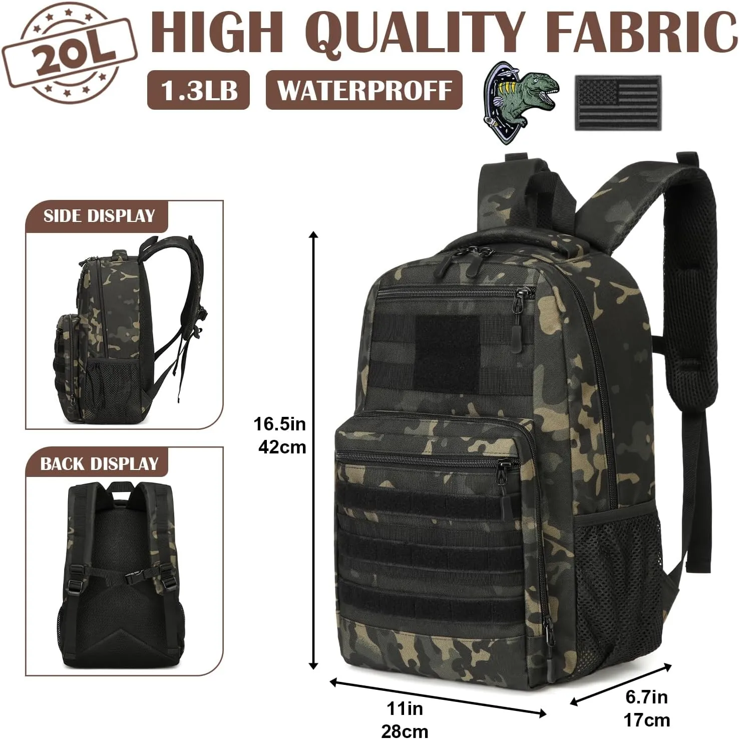 Kids Tactical Backpack Army Molle Bookbag Military Boys Backpack for School, Outdoor, Camping, Black Camo