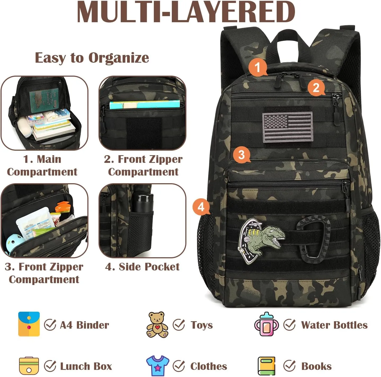 Kids Tactical Backpack Army Molle Bookbag Military Boys Backpack for School, Outdoor, Camping, Black Camo