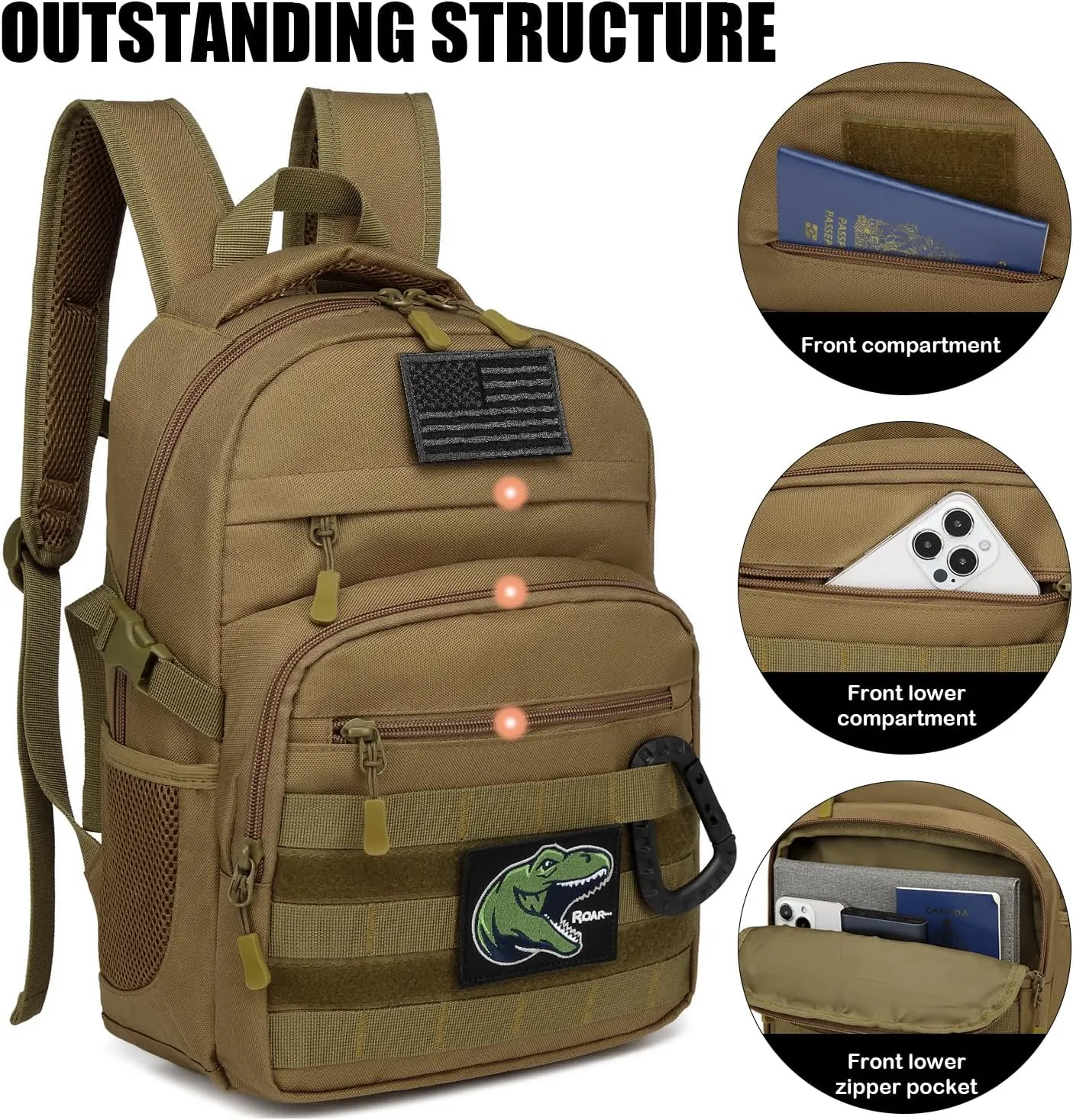 Kids Tactical Backpack Army Molle Bookbag Military Boys Backpack for School, Outdoor, Camping (Includes 2 Patches  1 Carabiner), Brown