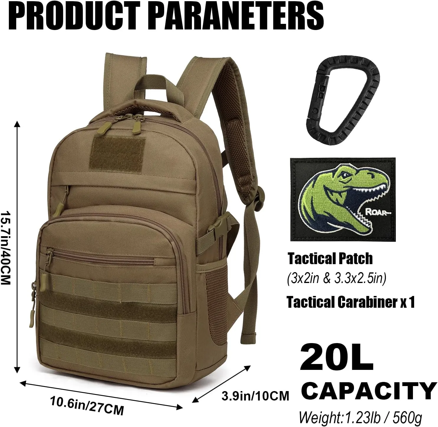 Kids Tactical Backpack Army Molle Bookbag Military Boys Backpack for School, Outdoor, Camping (Includes 2 Patches  1 Carabiner), Brown