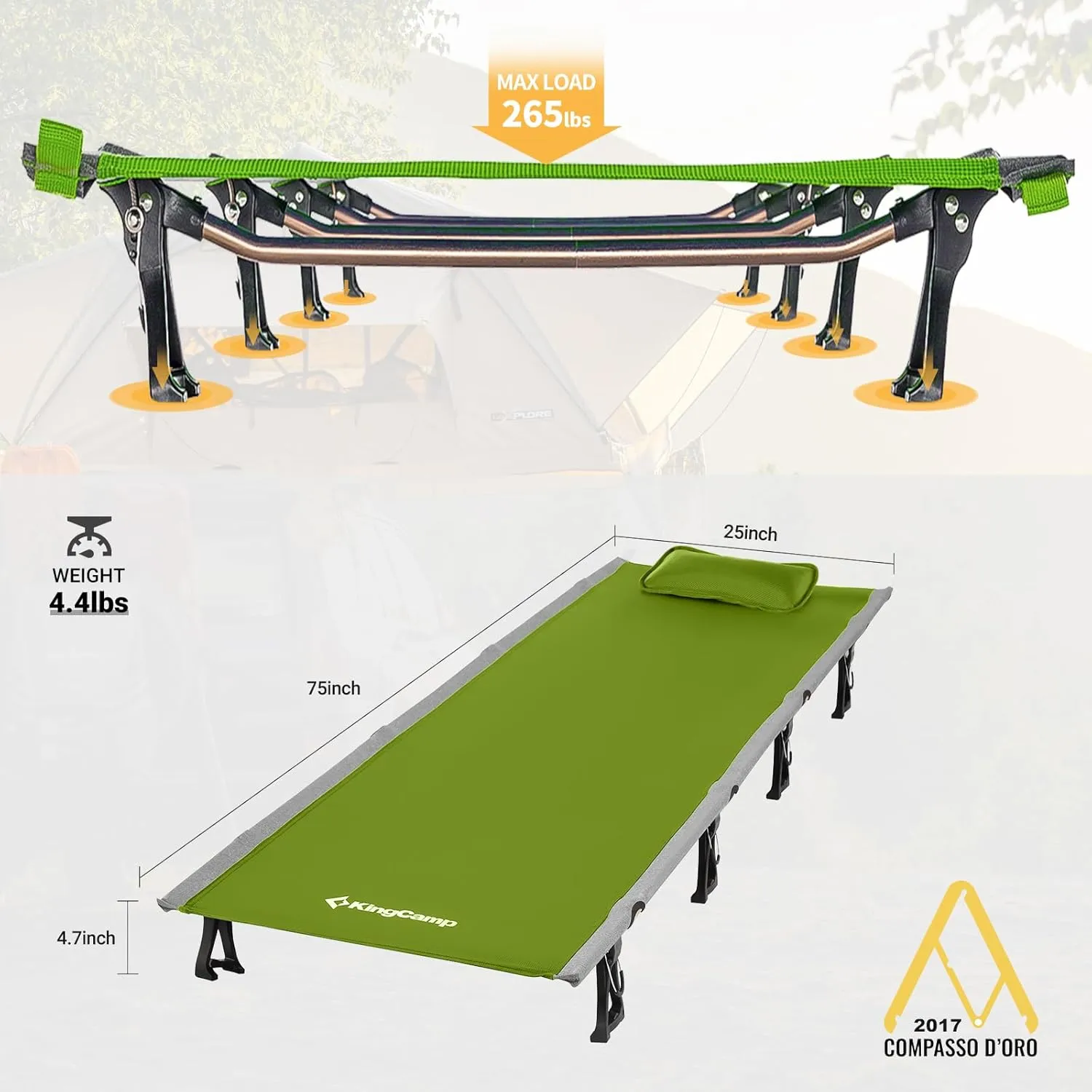 KingCamp Camping Cot, Folding Portable Heavy Duty Ultralight Cots for Adults Camping Tent Hiking Backpacking Mountaineering Travel Indoor Outdoor Indoor Base Camp with Pillow, Support 265 Lbs