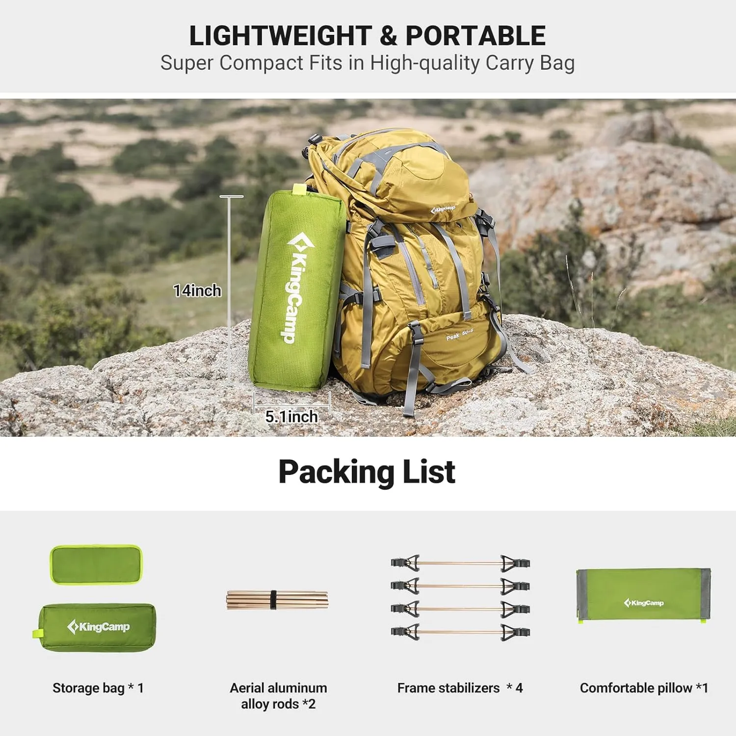KingCamp Camping Cot, Folding Portable Heavy Duty Ultralight Cots for Adults Camping Tent Hiking Backpacking Mountaineering Travel Indoor Outdoor Indoor Base Camp with Pillow, Support 265 Lbs