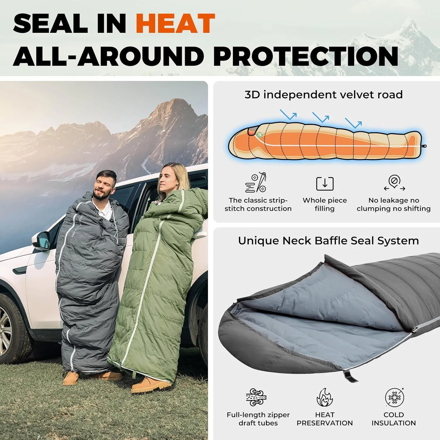 KingCamp Down Sleeping Bag for Adults, 600 FP Cold Weather 3-4 Season Sleeping Bag, Ultralight & Compact with Compression Sack for Backpacking, Camping, Hiking