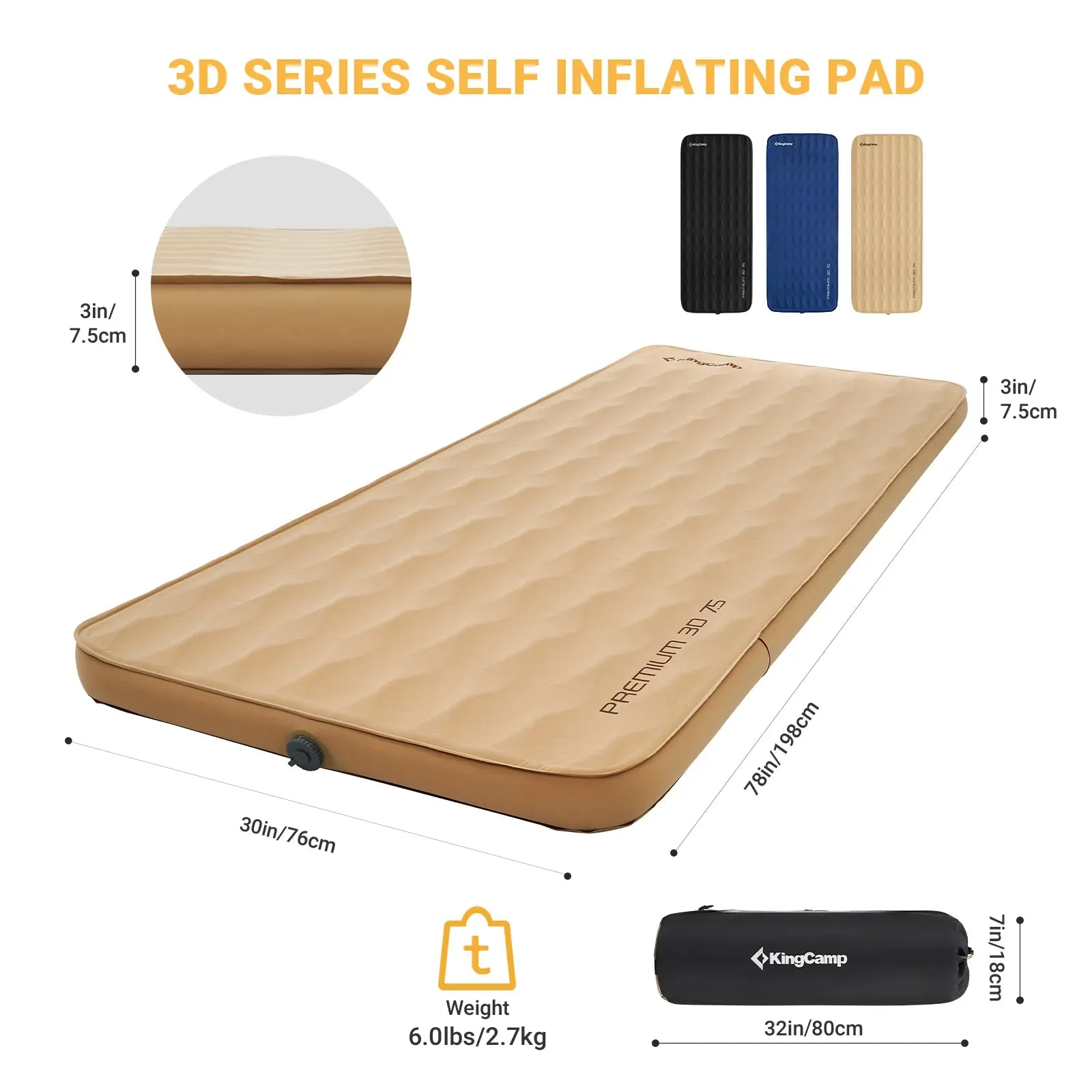 KingCamp PREMIUM 3D 7.5 Single Self-inflateble Pad