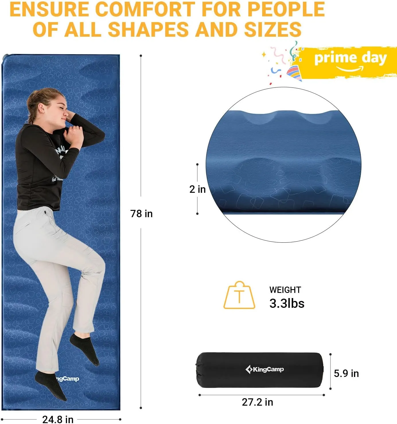 KingCamp Self Inflating Sleeping Pad for Camping with Built-in Pillow, Ultralight Sleeping Pad Camping Mat Durable for Camping Backpacking Hiking Single Double, 4 Size