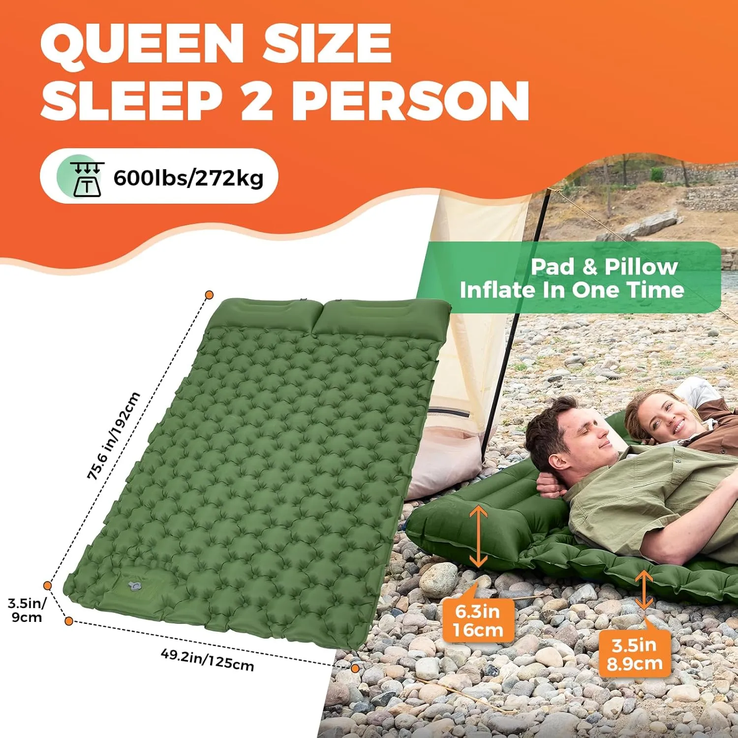 KingCamp Sleeping Pad for Camping, Inflatable Sleeping Pad Ultralight Connectable Camping Mattress with Pillow Built-in Foot Pump for Backpacking Hiking Tent Cot