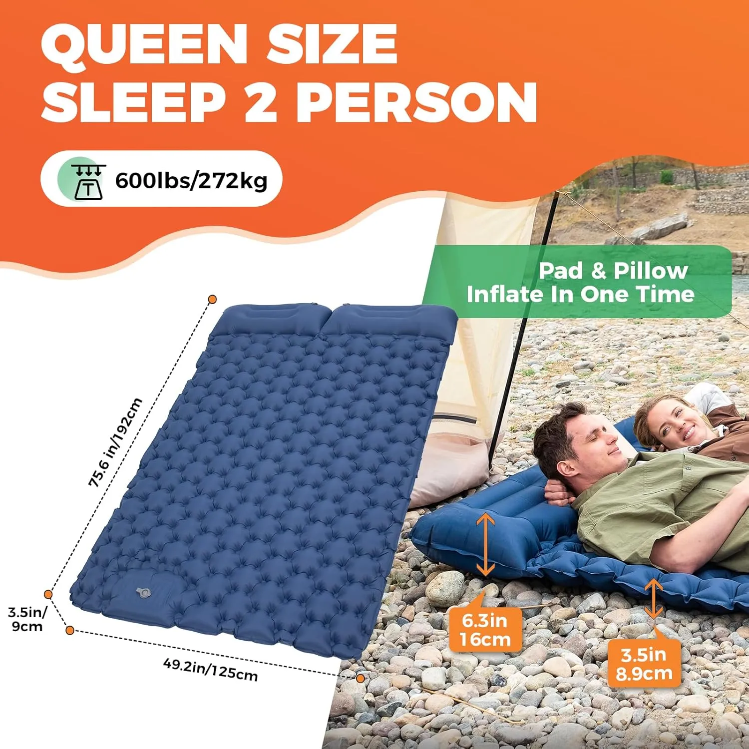 KingCamp Sleeping Pad for Camping, Inflatable Sleeping Pad Ultralight Connectable Camping Mattress with Pillow Built-in Foot Pump for Backpacking Hiking Tent Cot