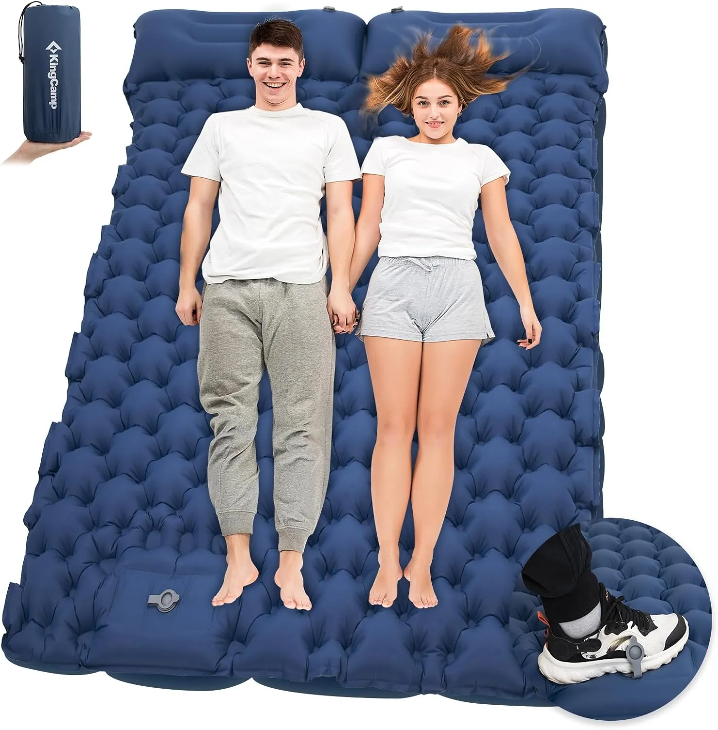KingCamp Sleeping Pad for Camping, Inflatable Sleeping Pad Ultralight Connectable Camping Mattress with Pillow Built-in Foot Pump for Backpacking Hiking Tent Cot