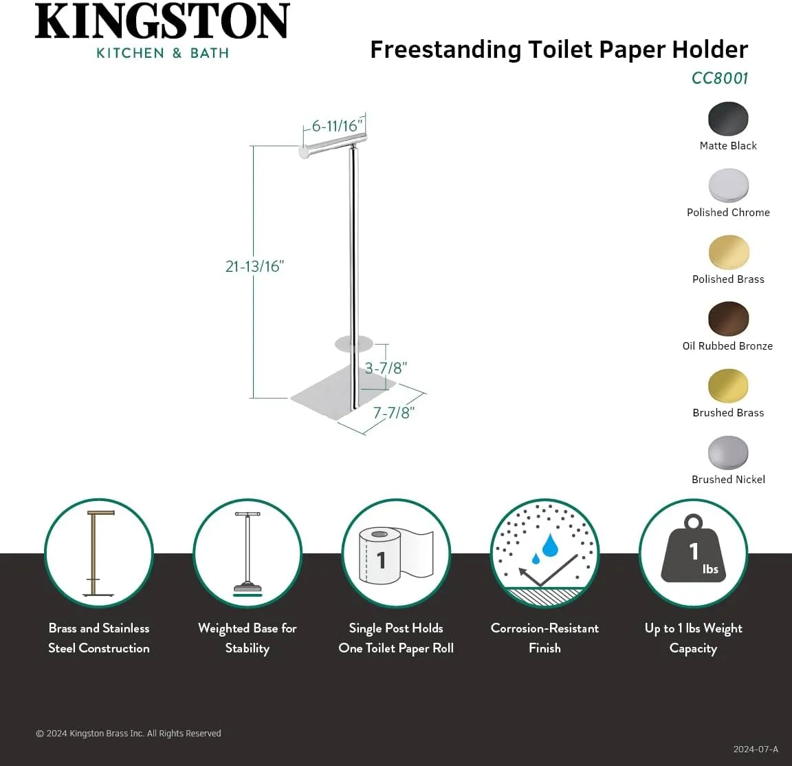 Kingston Brass CC8007 Claremont Freestanding Toilet Paper Holder, 21-13/16 inch Height, Brushed Brass