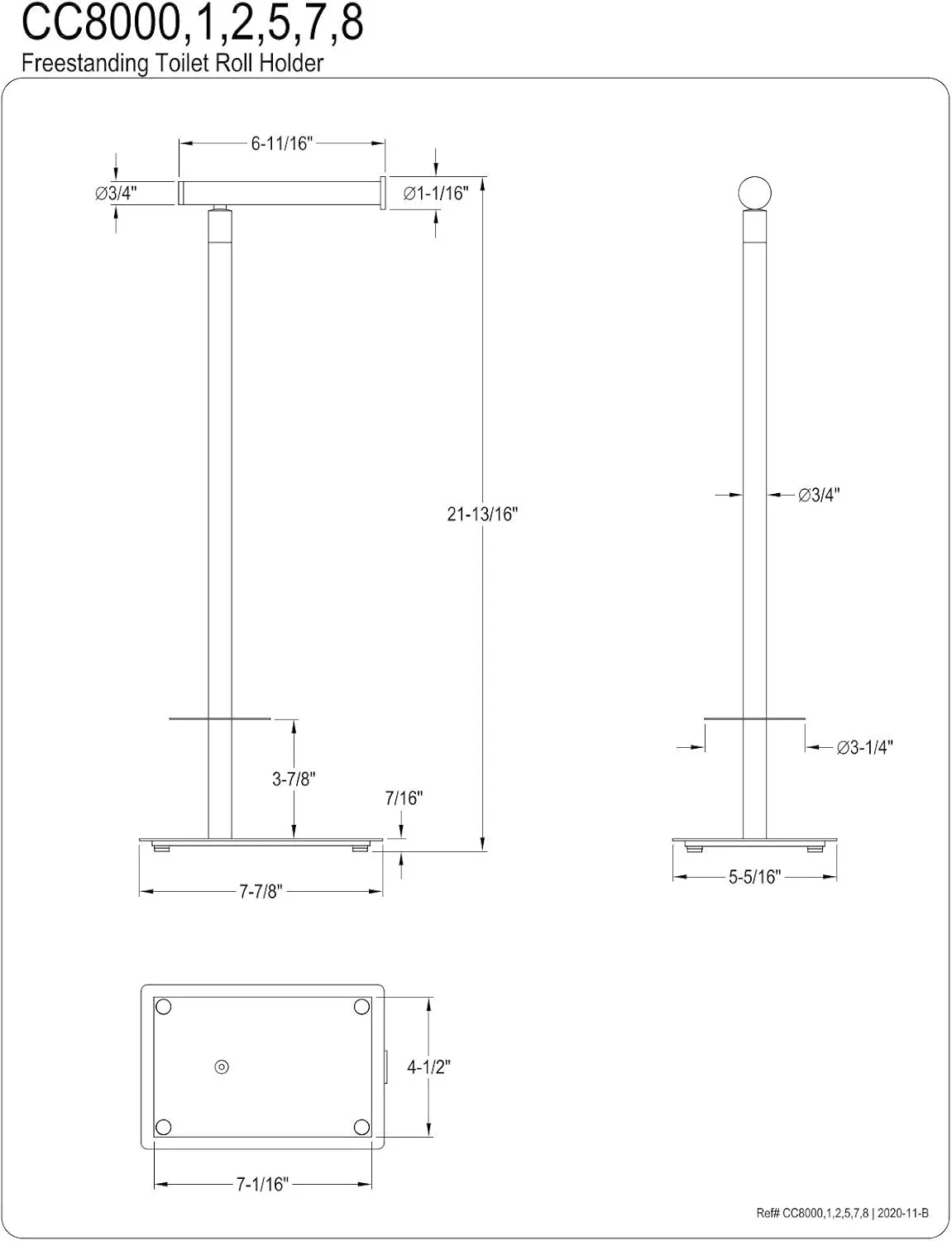Kingston Brass CC8007 Claremont Freestanding Toilet Paper Holder, 21-13/16 inch Height, Brushed Brass