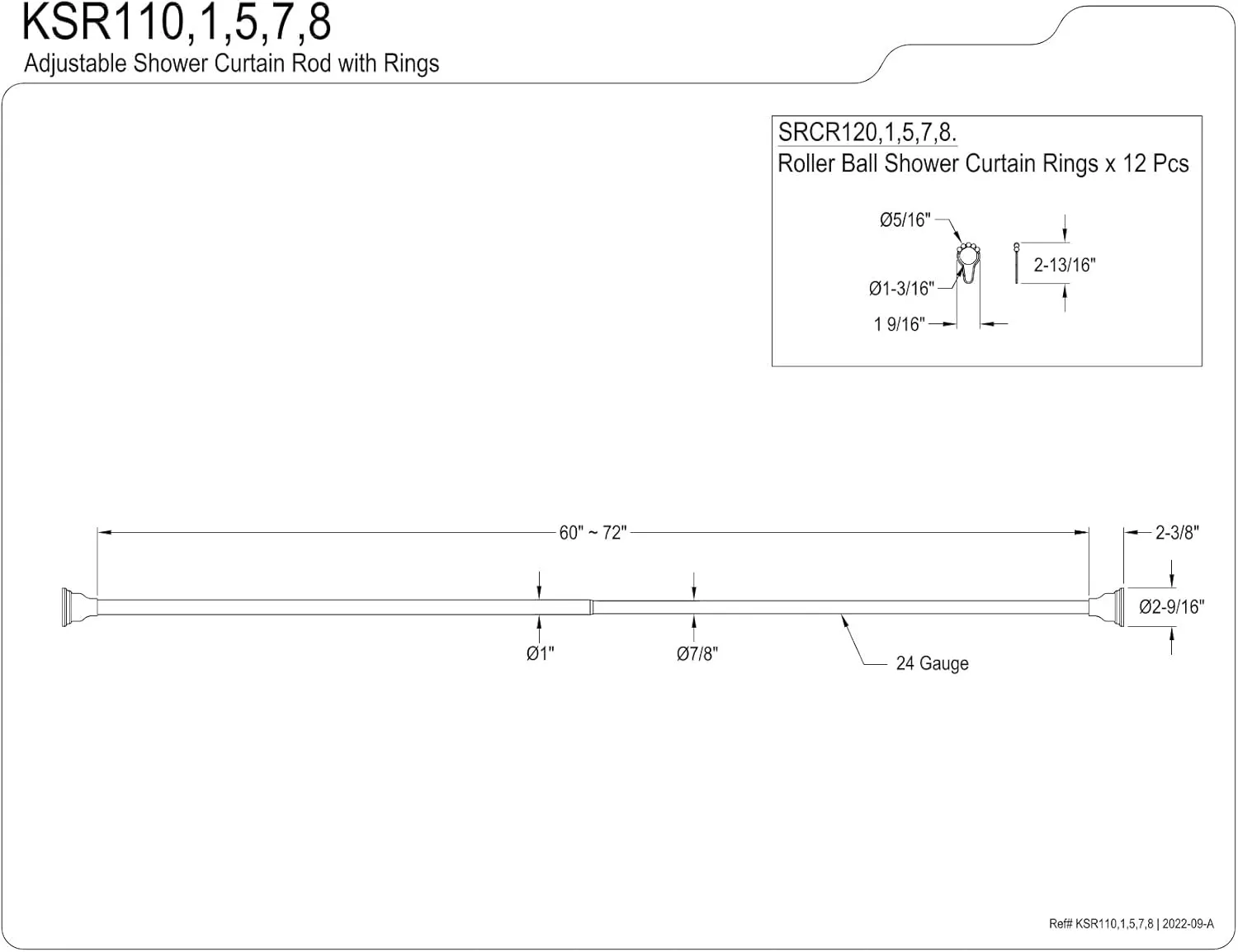 Kingston Brass KSR117 Edenscape 60"-72" Stainless Steel Adjustable Tension Shower Curtain Rod with Rings, Brushed Brass