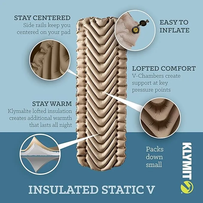 Klymit Insulated Static V Inflatable Camping Sleeping Pad and Static V Sheet Pad Cover Bundle, One Size, Coyote Sand