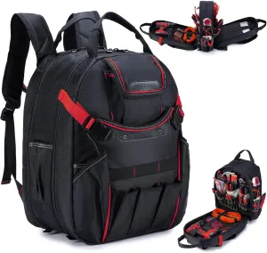 KSIBNW 45-Pockets Tool Backpack for Men, Waterproof Heavy Duty Tools Organizer Bags with Laptop Compartment Durable Tool Carrier with Charging Port for Electrician/Construction Work, Red