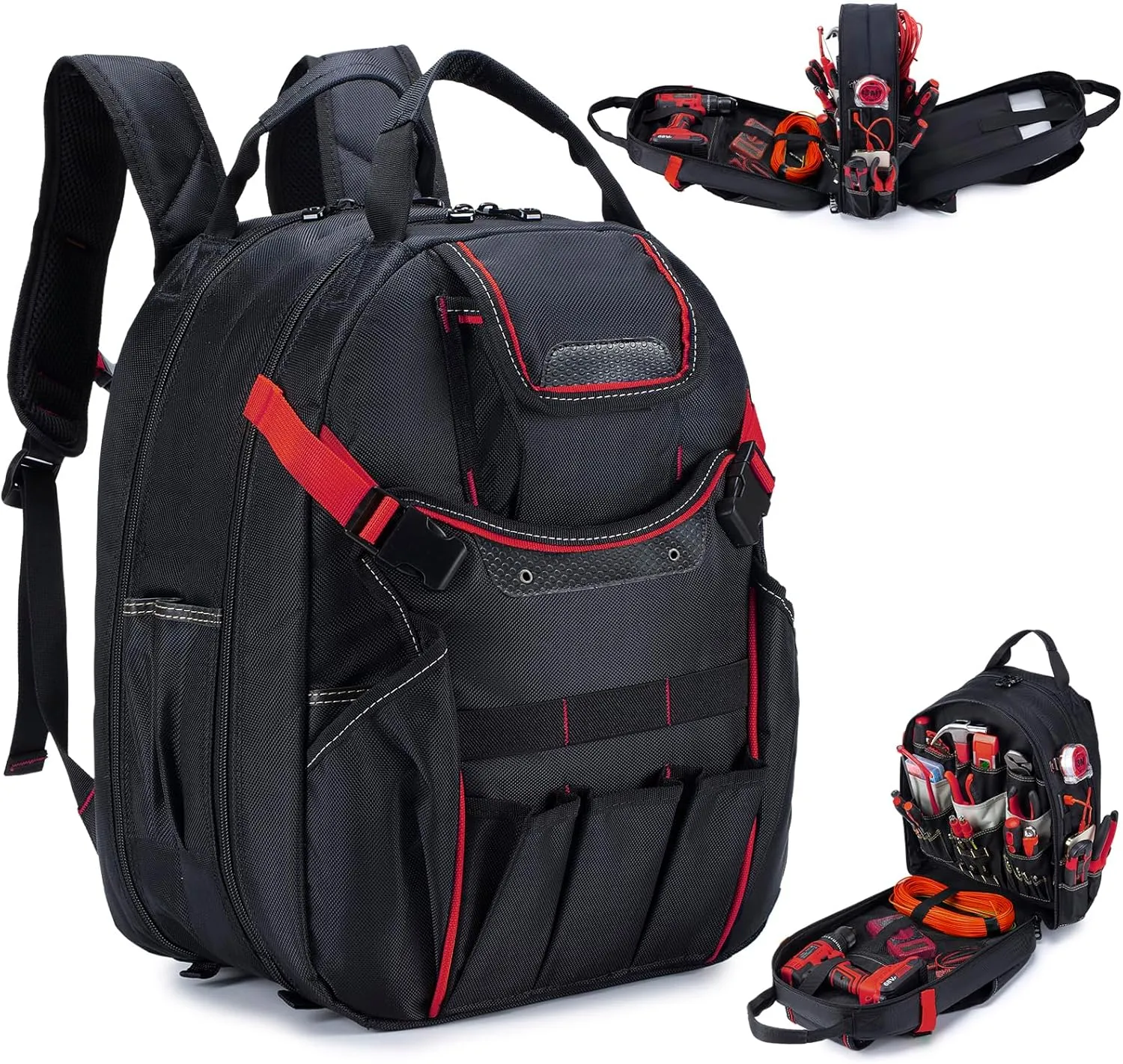 KSIBNW 45-Pockets Tool Backpack for Men, Waterproof Heavy Duty Tools Organizer Bags with Laptop Compartment Durable Tool Carrier with Charging Port for Electrician/Construction Work, Red