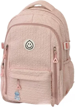 Large Capacity Textured Waterproof Backpack with pins and Accessories small cosmetic bag (Pink)