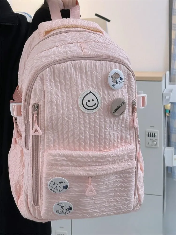 Large Capacity Textured Waterproof Backpack with pins and Accessories small cosmetic bag (Pink)