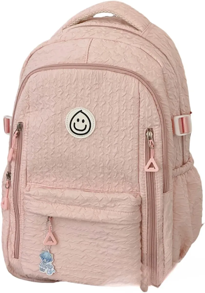 Large Capacity Textured Waterproof Backpack with pins and Accessories small cosmetic bag (Pink)