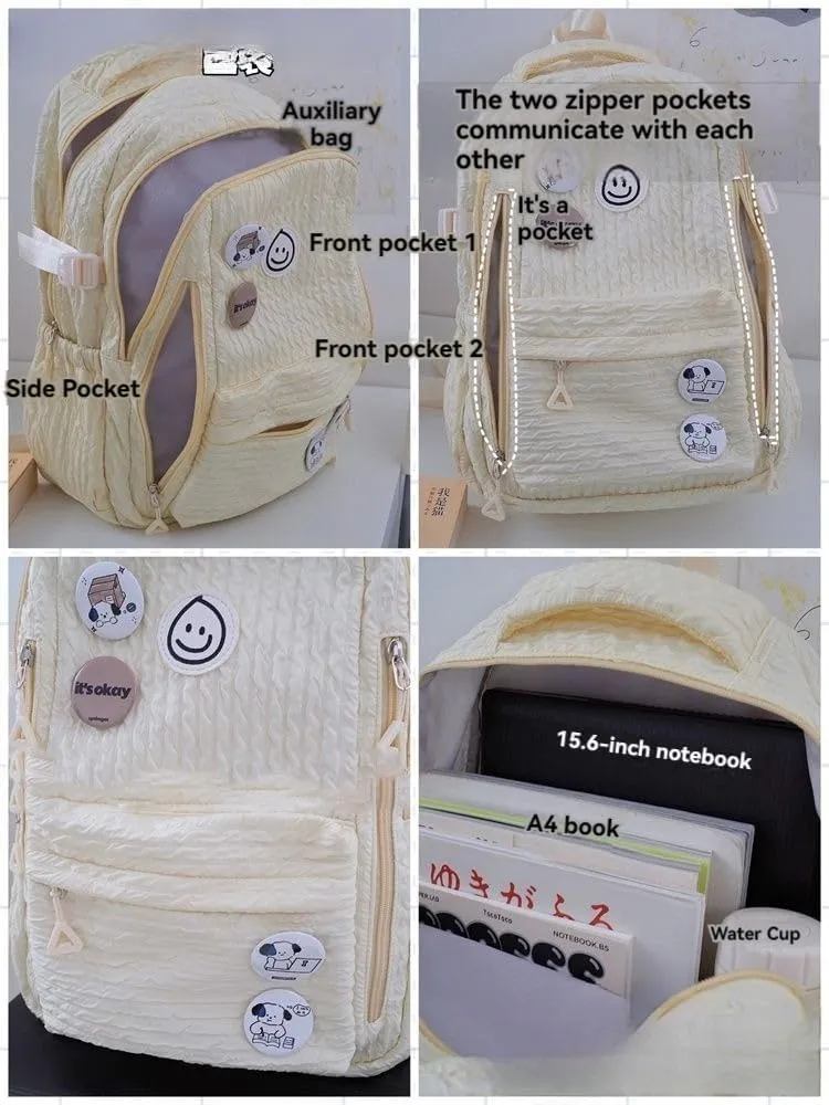 Large Capacity Textured Waterproof Backpack with pins and Accessories small cosmetic bag (Pink)