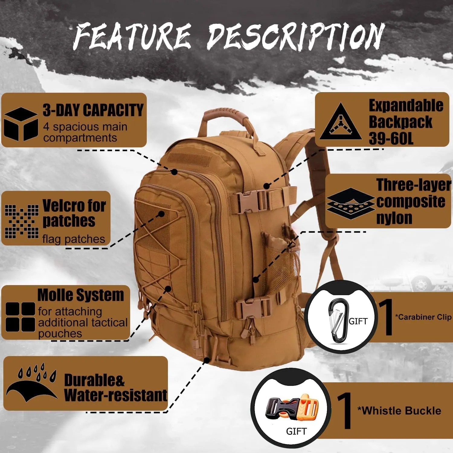Large Military Bug Out Bag 3 Day Pack Expandable Backpack Army Daypack for Outdoor Hiking Hunting (Tan)
