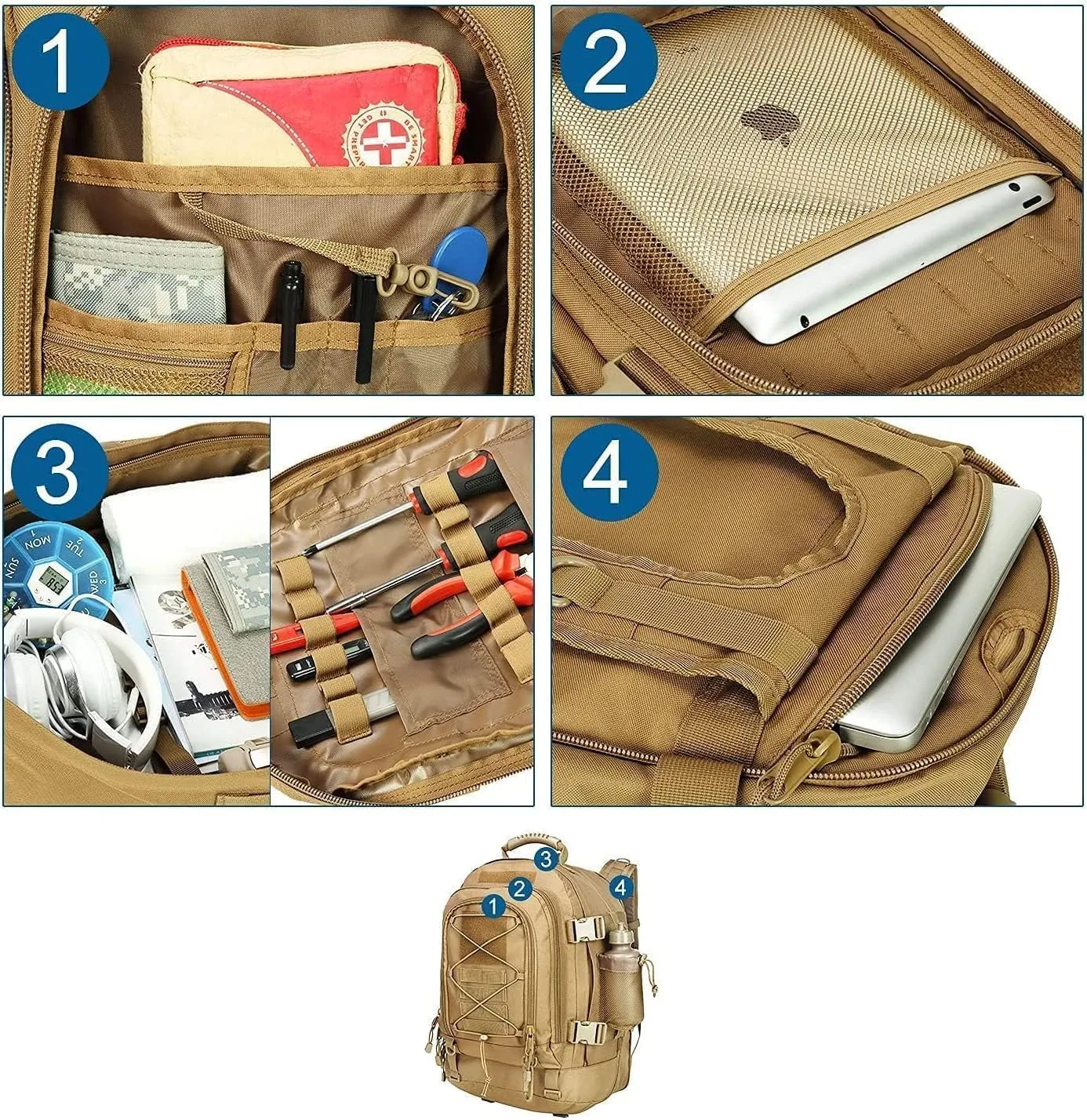 Large Military Bug Out Bag 3 Day Pack Expandable Backpack Army Daypack for Outdoor Hiking Hunting (Tan)