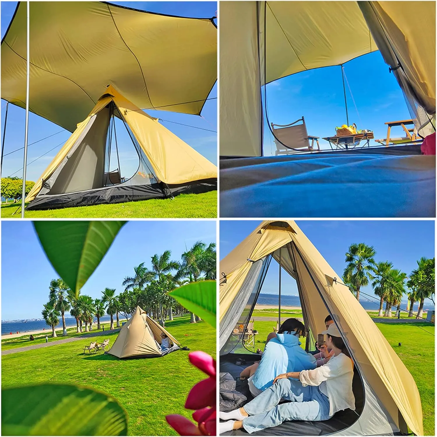 Large Space Pyramid Tipi Tent Ultralight Family Camping Tent Windproof Outdoor Teepee Tent for Adults 4 Person Double Layer Tents, Black