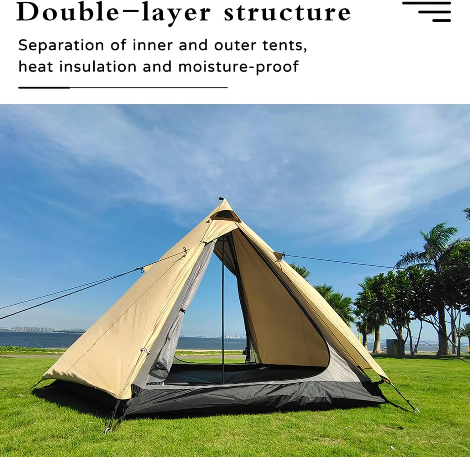 Large Space Pyramid Tipi Tent Ultralight Family Camping Tent Windproof Outdoor Teepee Tent for Adults 4 Person Double Layer Tents, Black