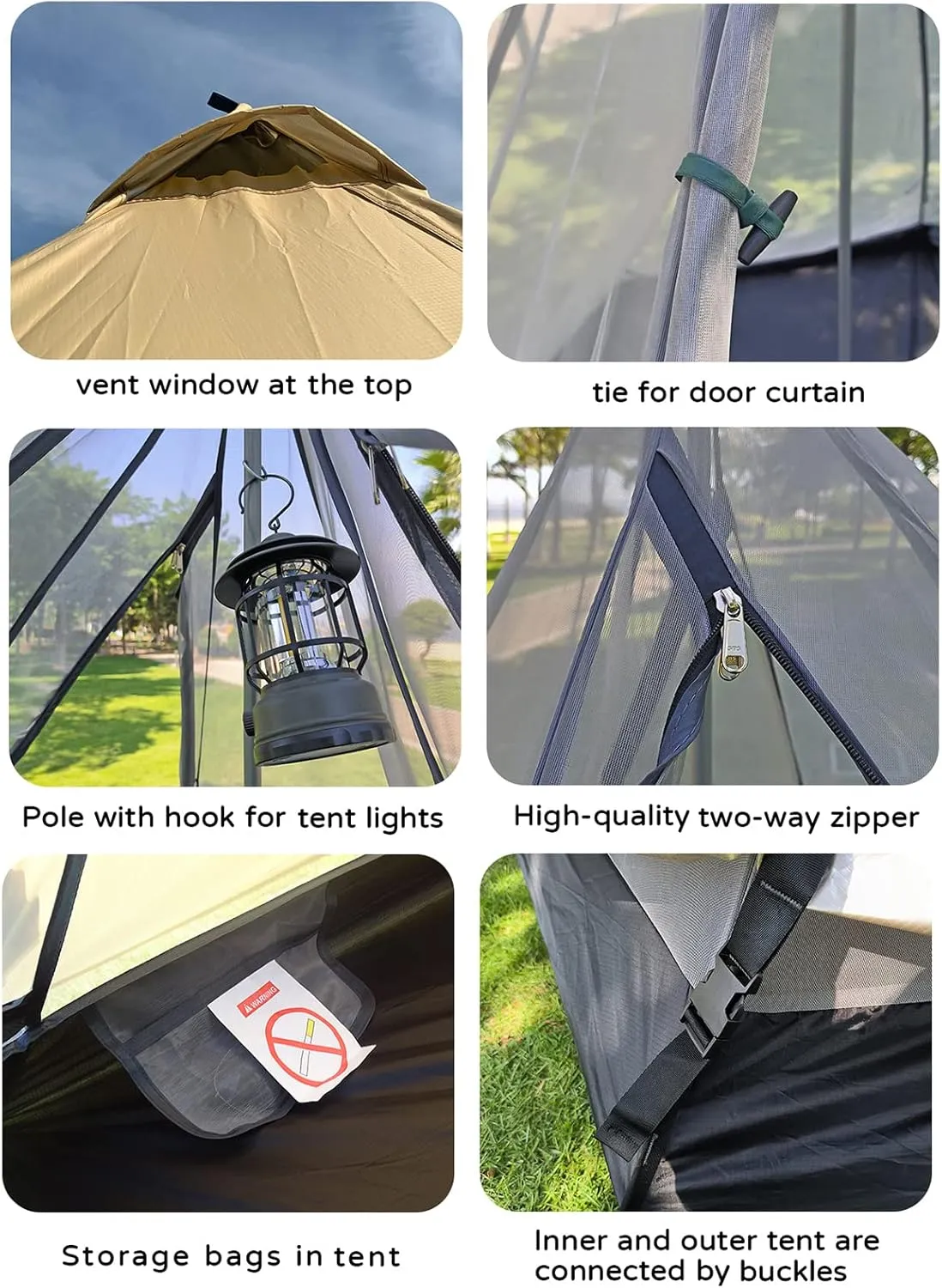 Large Space Pyramid Tipi Tent Ultralight Family Camping Tent Windproof Outdoor Teepee Tent for Adults 4 Person Double Layer Tents, Black