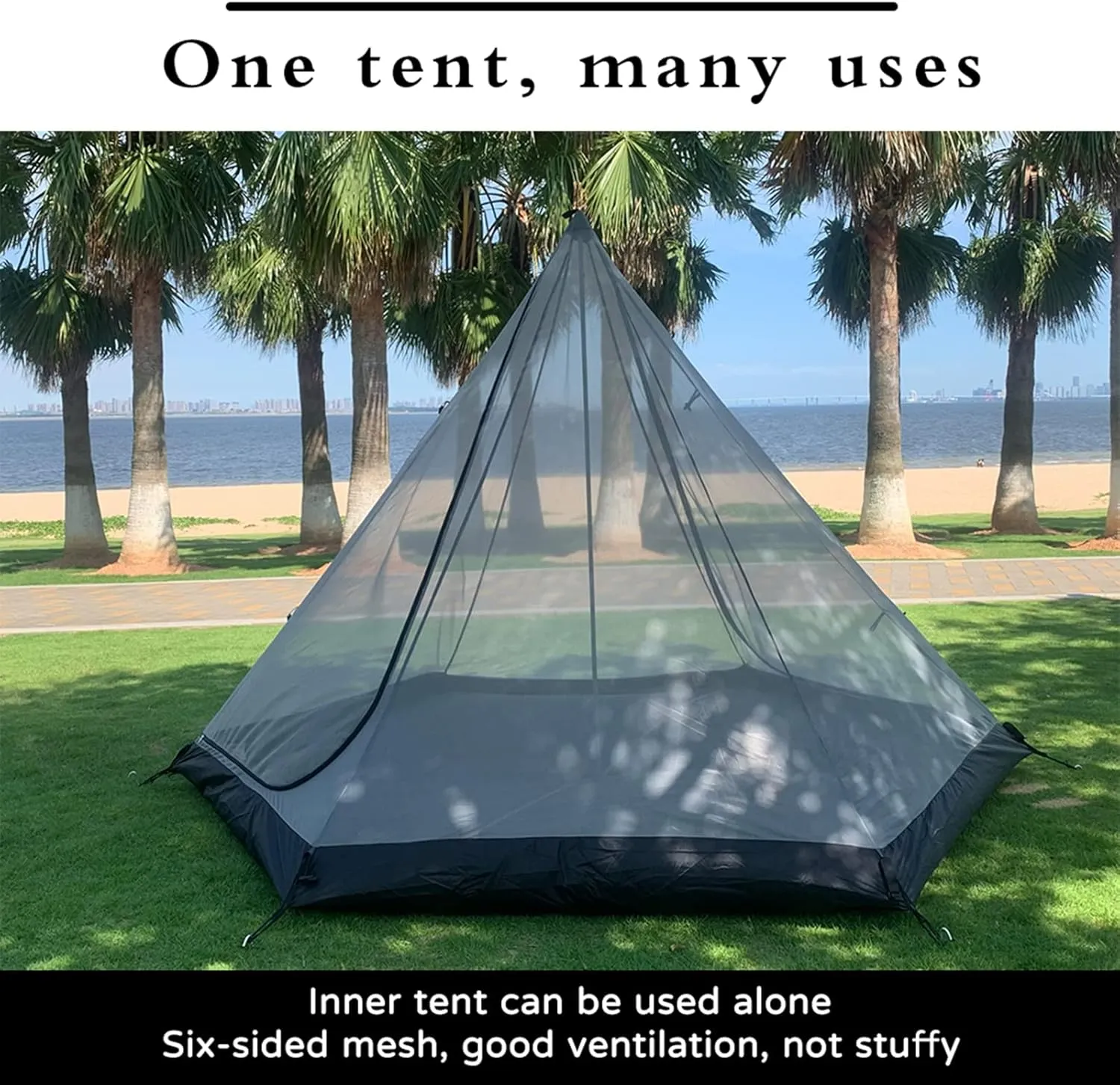 Large Space Pyramid Tipi Tent Ultralight Family Camping Tent Windproof Outdoor Teepee Tent for Adults 4 Person Double Layer Tents, Black