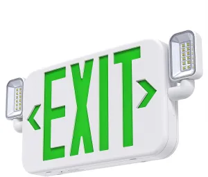 Led Combo Emergency Exit Sign Light with Two Adjustable Head Lights and Backup Battery,US Standard Green Letter Commercial Emergency Exit Lighting,UL 924,120/277V (1Pack)