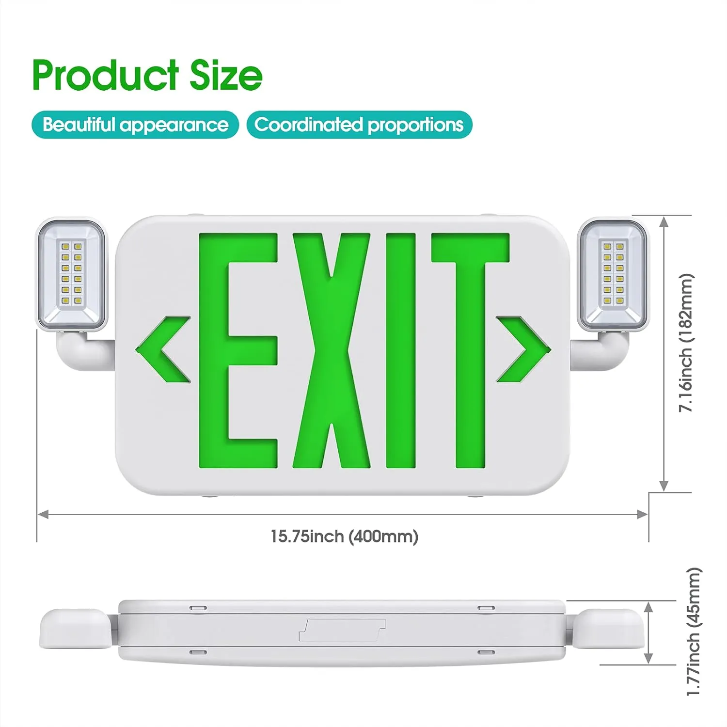 Led Combo Emergency Exit Sign Light with Two Adjustable Head Lights and Backup Battery,US Standard Green Letter Commercial Emergency Exit Lighting,UL 924,120/277V (1Pack)