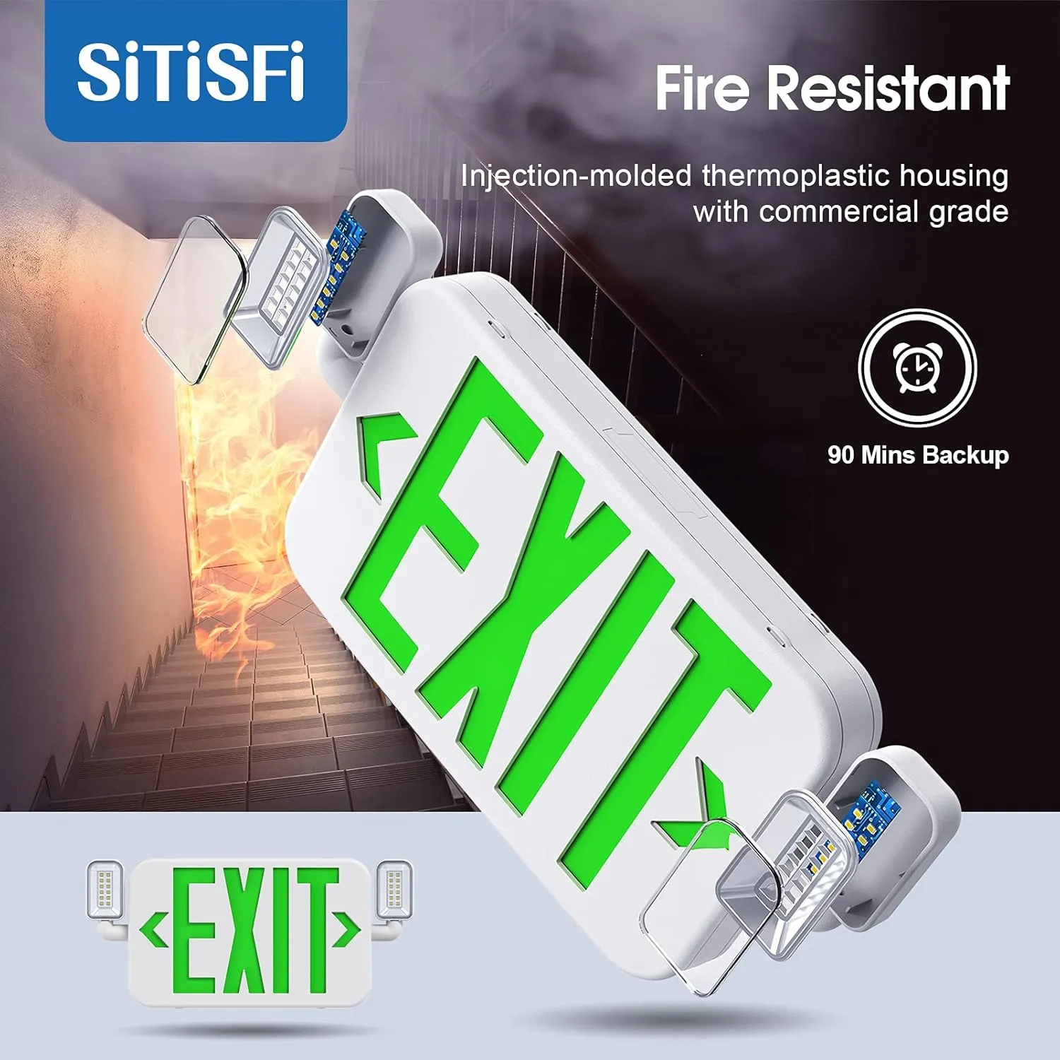 Led Combo Emergency Exit Sign Light with Two Adjustable Head Lights and Backup Battery,US Standard Green Letter Commercial Emergency Exit Lighting,UL 924,120/277V (1Pack)