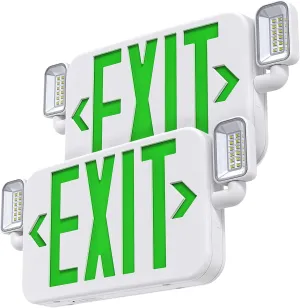Led Combo Emergency Exit Sign Light with Two Adjustable Head Lights and Backup Battery,US Standard Green Letter Commercial Emergency Exit Lighting,UL 924,120/277V (2Pack)