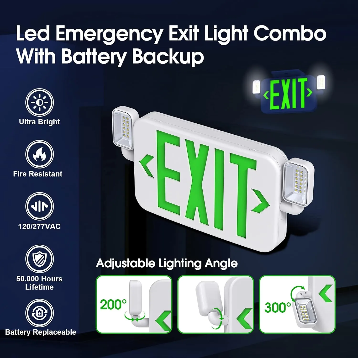 Led Combo Emergency Exit Sign Light with Two Adjustable Head Lights and Backup Battery,US Standard Green Letter Commercial Emergency Exit Lighting,UL 924,120/277V (2Pack)