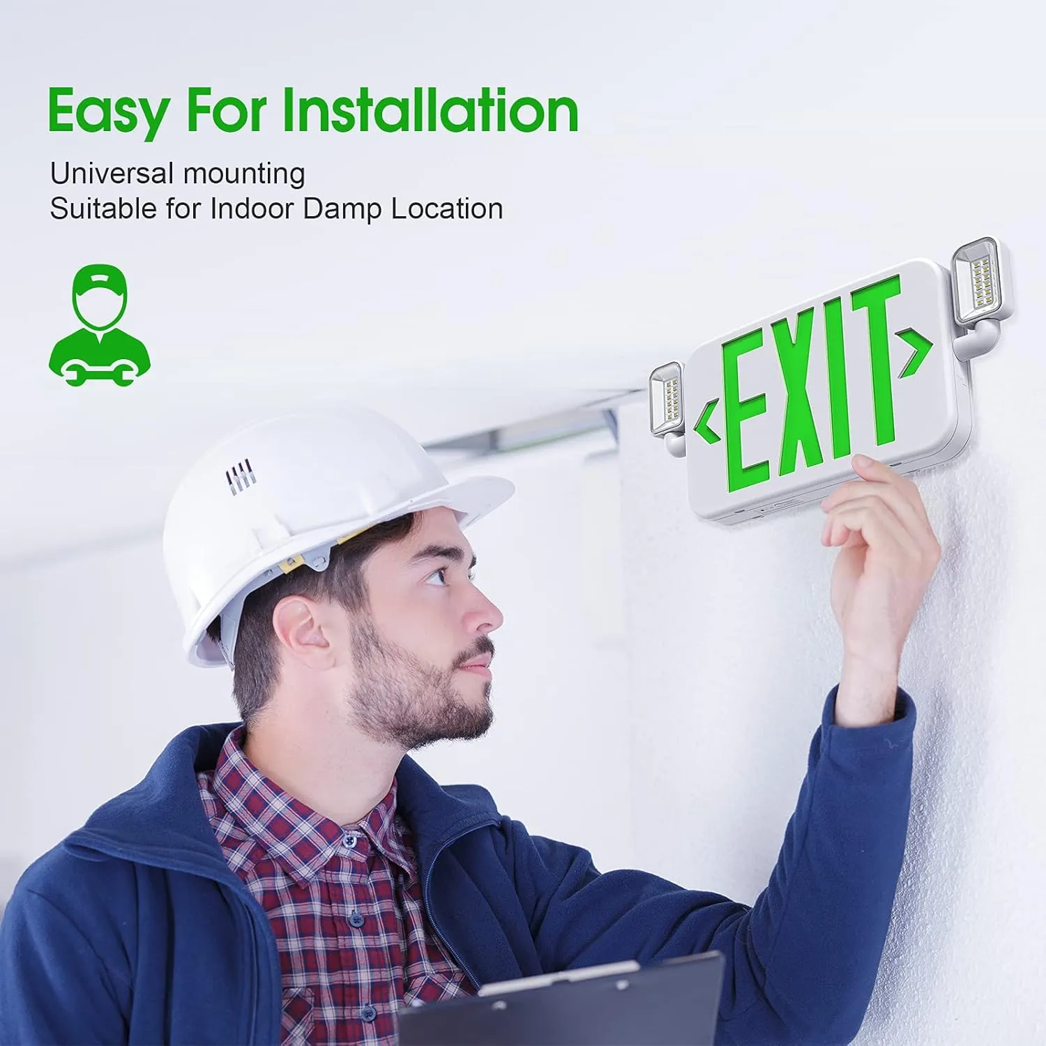 Led Combo Emergency Exit Sign Light with Two Adjustable Head Lights and Backup Battery,US Standard Green Letter Commercial Emergency Exit Lighting,UL 924,120/277V (2Pack)