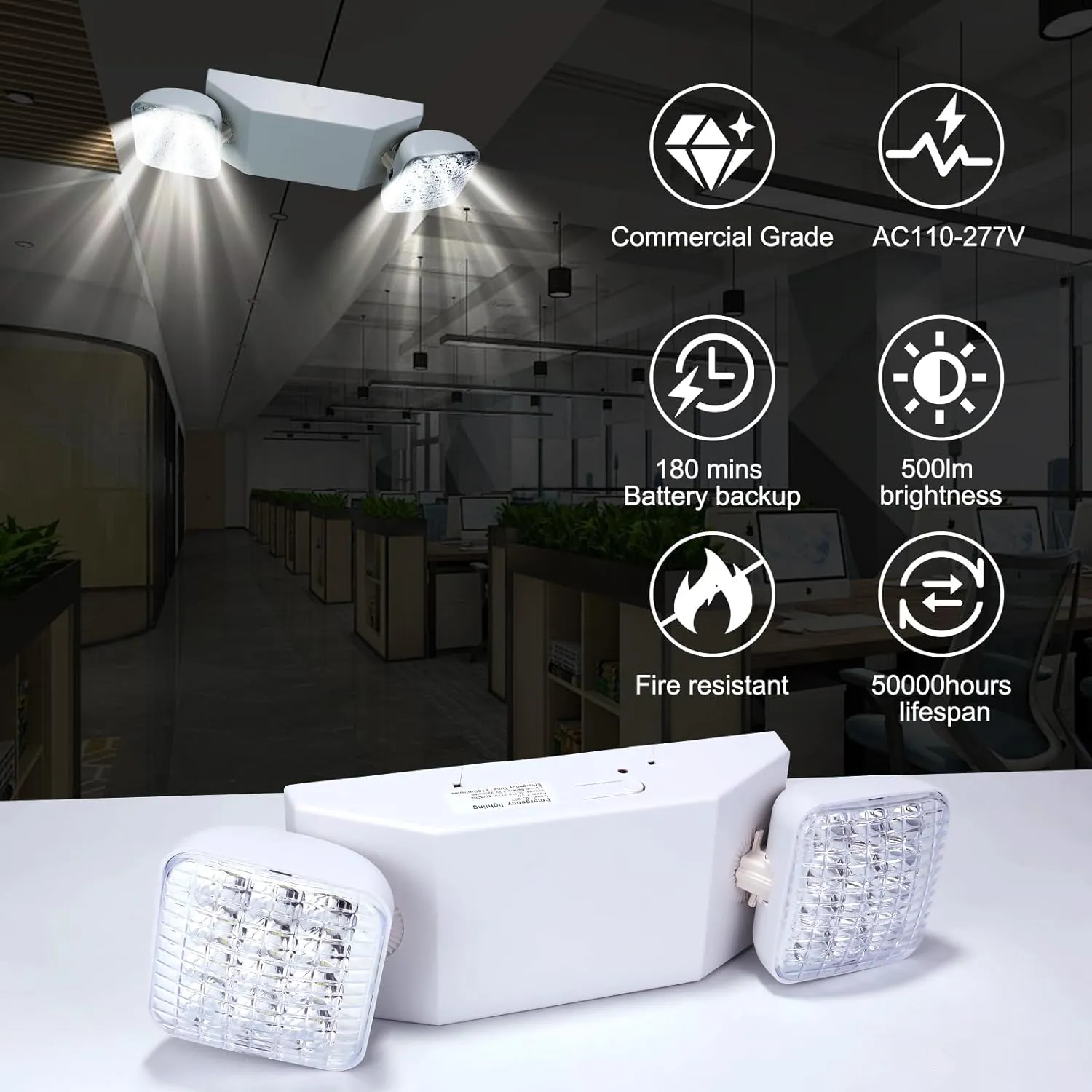 LED Emergency Lights 12 Pack with Battery Backup - 2 Head Emergency Lighting for Home & Business, AC120-277V, White