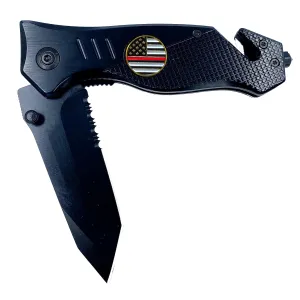 LEO Challenge Coins Thin Red Line collectible 3-in-1 Police Tactical Rescue knife tool for Firefighter Fire Fighter Fire Department with Seatbelt Cutter, Steel Serrated Blade, Glass Breaker