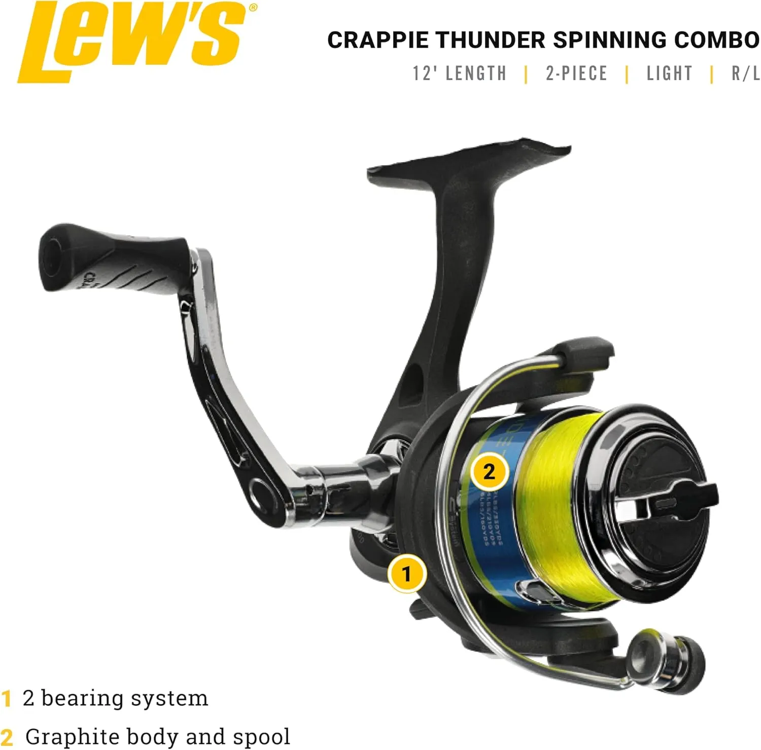 Lew's Crappie Thunder Spinning Reel and Fishing Rod Combo, 2-Piece IM6 Graphite Blank, Size 75 Reel, Right or Left-Hand Retrieve, Crappie Thunder Green