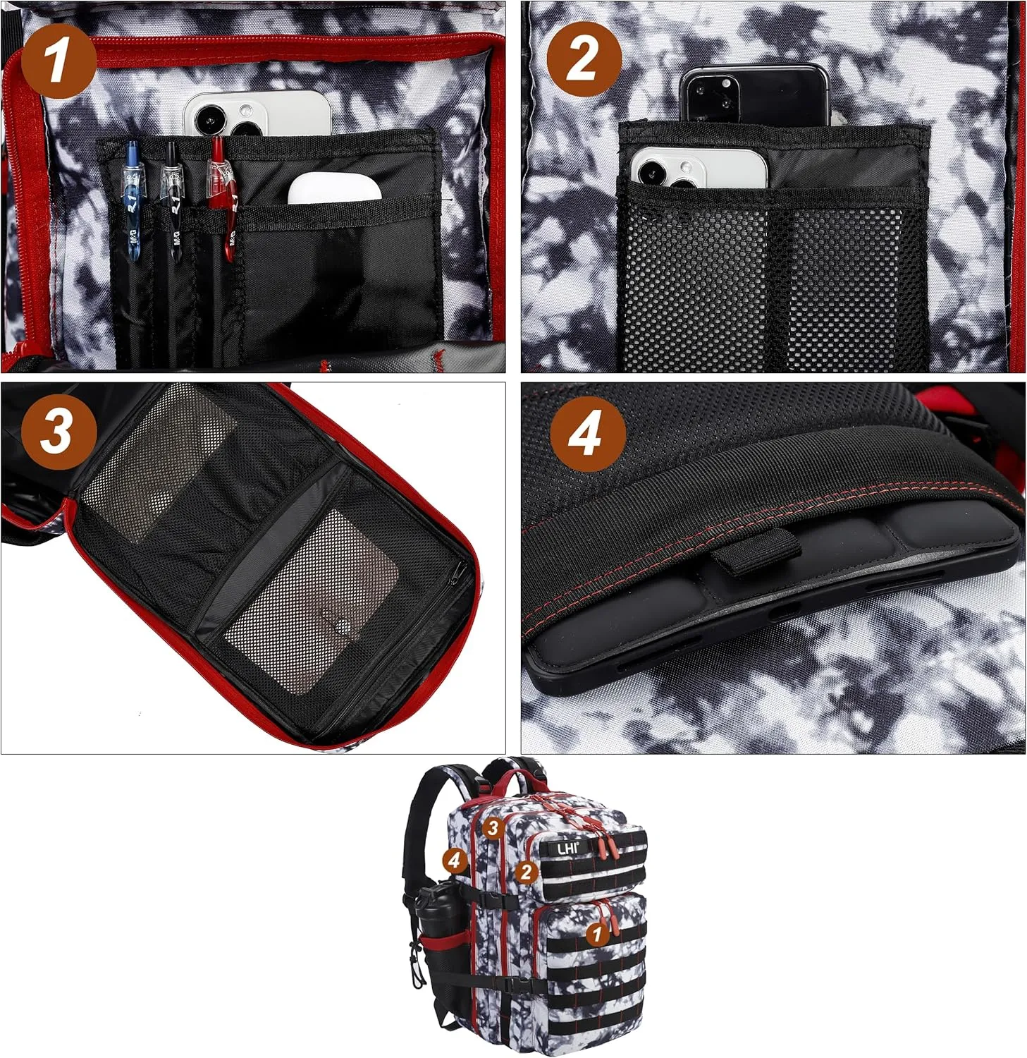 LHI Military Tactical Backpack for Men and Women 45L Army 3 Days Assault Pack Bag Large Rucksack with Molle System Black and white