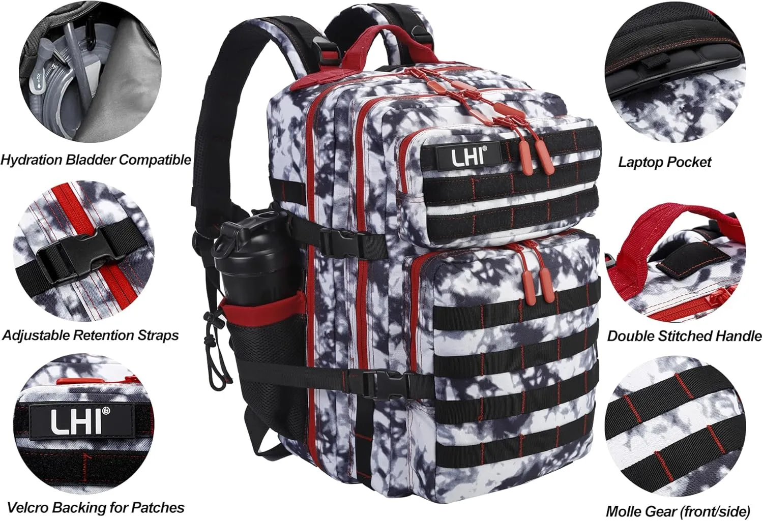 LHI Military Tactical Backpack for Men and Women 45L Army 3 Days Assault Pack Bag Large Rucksack with Molle System Black and white