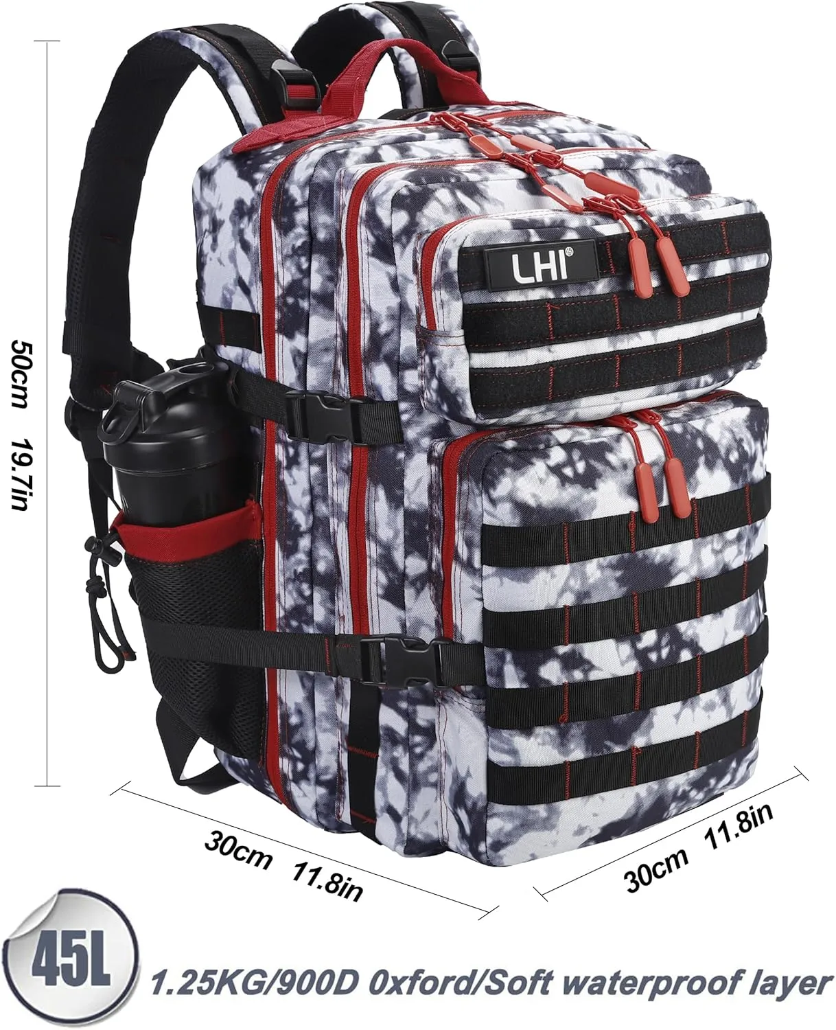 LHI Military Tactical Backpack for Men and Women 45L Army 3 Days Assault Pack Bag Large Rucksack with Molle System Black and white