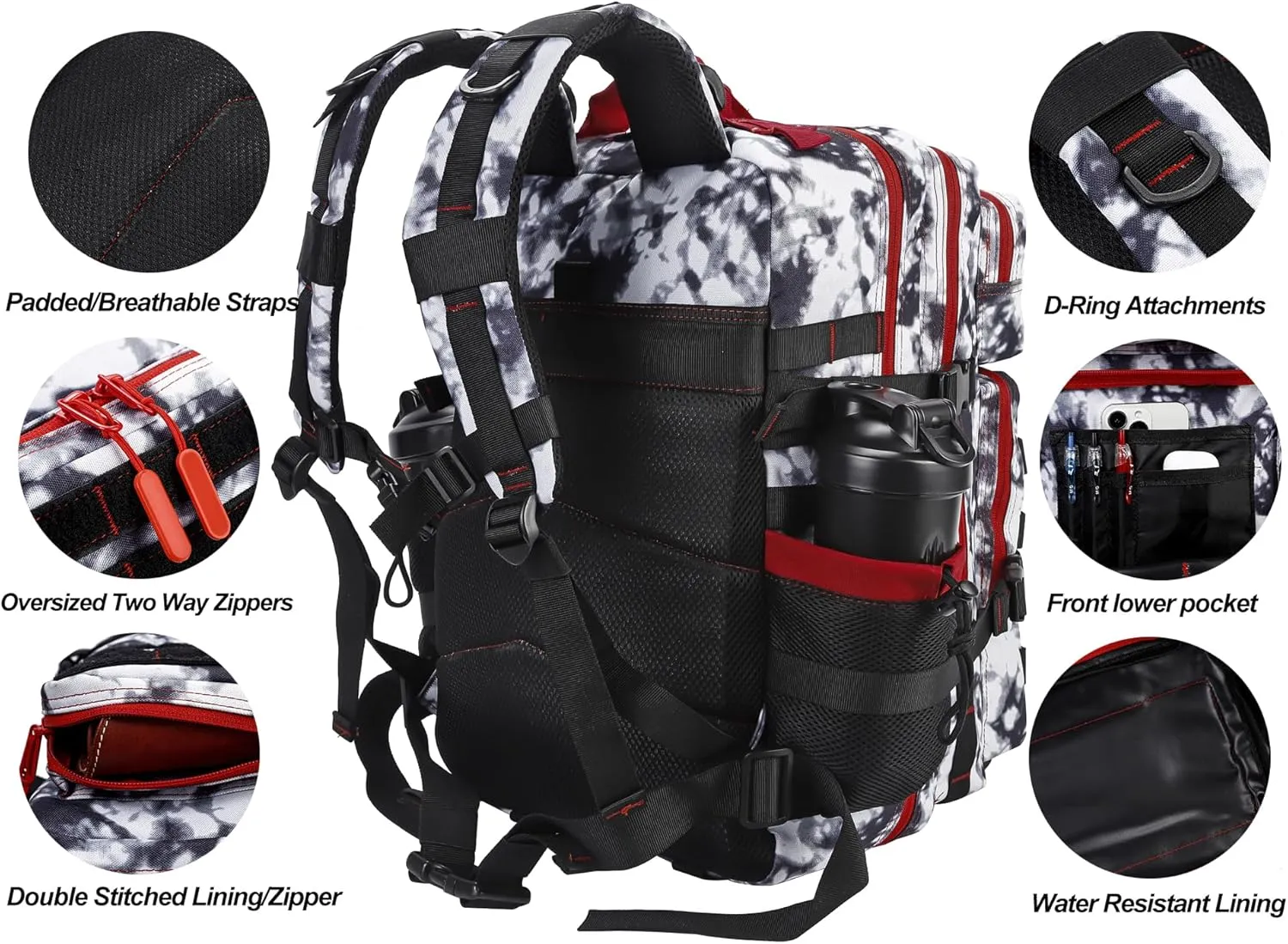LHI Military Tactical Backpack for Men and Women 45L Army 3 Days Assault Pack Bag Large Rucksack with Molle System Black and white