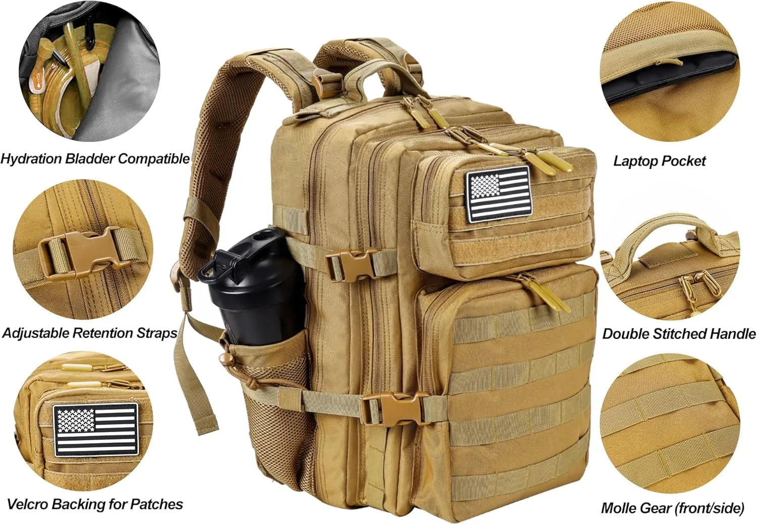 LHI Tactical Military Backpack for Men and Women 25L/35L Army Assault Pack Bag Small Rucksack with Bottle Holder